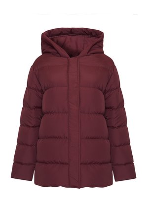Burgundy puffer jacket with a hood, quilted design, front zipper, and wide sleeves. Smooth texture with a padded appearance.