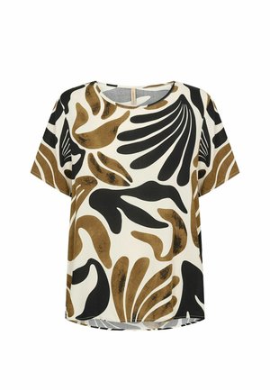 Majica kratkih rukava krem boje s apstraktnim crnim i smeđim organskim oblicima razbacanim po tkanini, u ležernom kroju.
