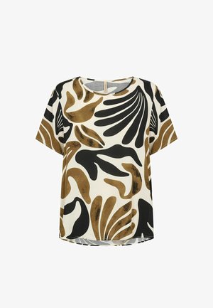 Majica kratkih rukava krem boje s apstraktnim crnim i smeđim organskim oblicima razbacanim po tkanini, u ležernom kroju.