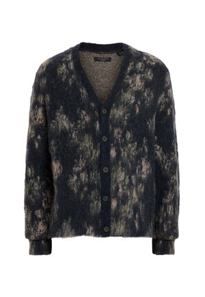 Navy cardigan with a soft, textured finish. Features a button-up front, v-neckline, and a scattered floral pattern in green and pink tones.