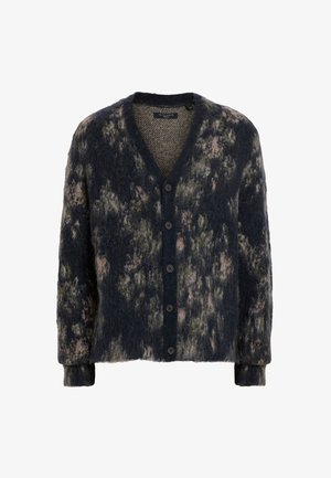 Marineblaue Strickjacke mit weichem, strukturiertem Finish. Verfügt über eine durchgehende Knopfleiste, einen V-Ausschnitt und ein verstreutes florales Muster in grünen und rosa Tönen.