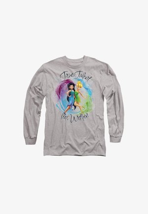 Graues Langarmshirt mit einem Grafikdesign, das zwei Figuren und den Text "Wahres Talent liegt in dir" in einem bunten, wirbelnden Design zeigt.