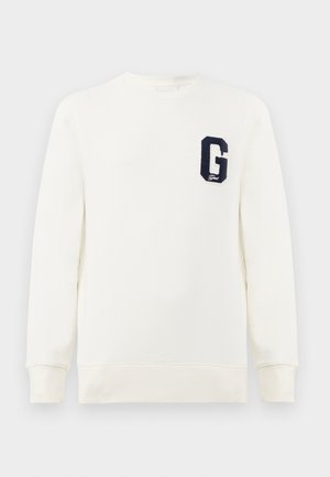 White sweatshirt with a round neckline, ribbed cuffs and hem, featuring a navy embroidered letter "G" on the left chest.