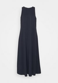 Robe noire sans manches longue jusqu’au sol, avec un col rond et un design simple et fluide, présentée sur un fond uni.