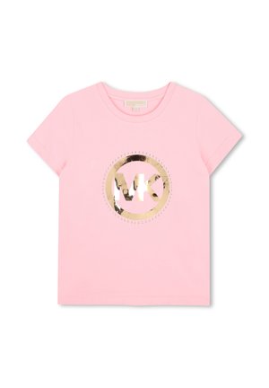T-shirt rose à manches courtes avec un logo MK métallique doré entouré de petits clous dorés au centre devant.