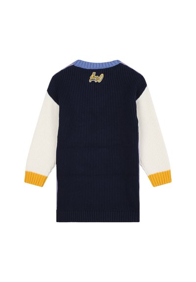 Pull en tricot côtelé navy à manches longues; avec des accents crème et jaune sur les manches et le col; petit logo au dos.