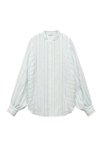 Lichtgroene en witte gestreepte blouse met een ronde halslijn, knoopsluiting aan de voorkant en ballonmouwen met manchetten.
