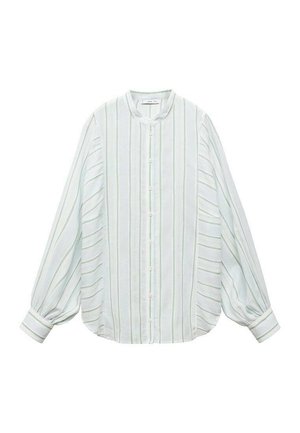 Blusa a righe verdi chiaro e bianche con scollatura rotonda, chiusura con bottoni sul davanti e maniche a palloncino con dettagli ai polsini.