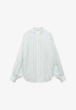 Light green and white striped blouse with a round neckline, button-down front, and balloon sleeves featuring cuff accents.