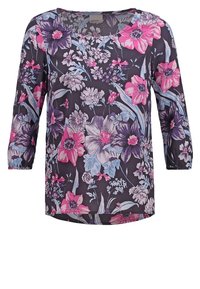 Chemise violette à manches longues avec motif floral rose, lavande et bleu et col rond.