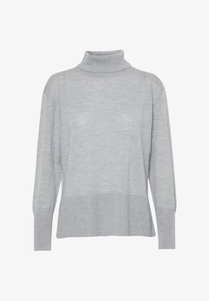 Svijetlosiva rolka izrađena od meke tkanine, s dugim rukavima, opuštenim krojem i rebrastim detaljima na ovratniku i rubu.