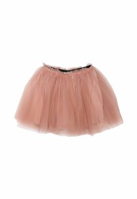 Fustă din tulle roz cu un design stratificat și pufoasă. Are un tiv elastic și o textură moale, transparentă. Silueta clasică, scurtă.