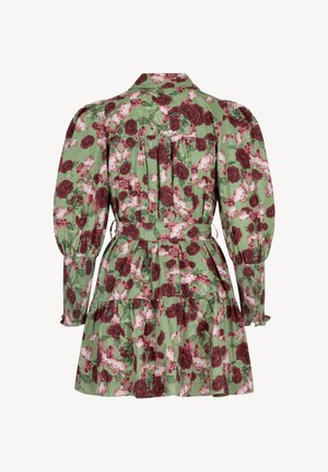 Bloemenjurk met een groene basis en rode rozenpatronen, opgeblazen mouwen, een ceintuur in de taille en een gelaagd ontwerp met ruches.