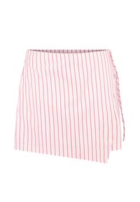 Jupe rayée rouge et blanche avec un détail de cravate sur le côté, faite d'un tissu léger. L'ourlet est asymétrique pour un look moderne.