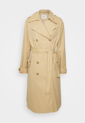 Beige Trenchcoat mit doppelt geknöpftem Vorderteil, großem Reverskragen, Taillengürtel und geknöpften Manschetten. Aus glattem, leichtem Stoff gefertigt.