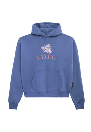 Blaues Kapuzensweatshirt mit einer Vordertasche, das florale Grafiken und den Text "Y.D.F.C." in Pink aufweist. Weicher Stoff mit gerippten Bündchen.