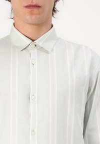 Chemise boutonnée vert clair avec des rayures verticales blanches, un col classique et des boutons perle sur un tissu tissé lisse.