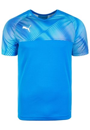 Blauw sportshirt met korte mouwen, een patroon op het bovenste gedeelte en het Puma-logo op de linkerborst.