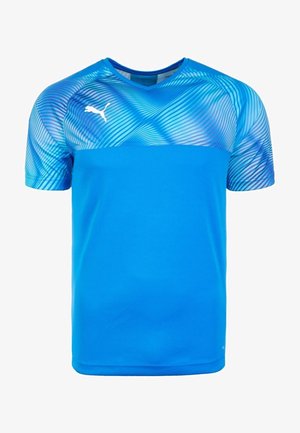 Niebieska sportowa koszulka z krótkim rękawem, z wzorzystą górną częścią i logo Puma na lewej piersi.