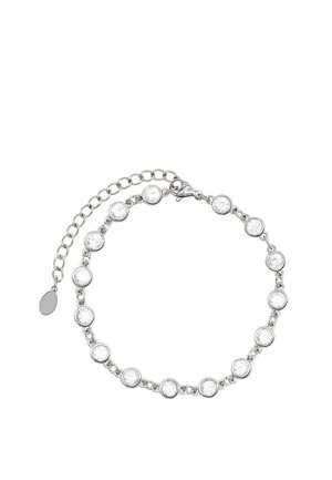 Silver chain bracelet with round clear gemstones evenly spaced, featuring an adjustable clasp and extension links.