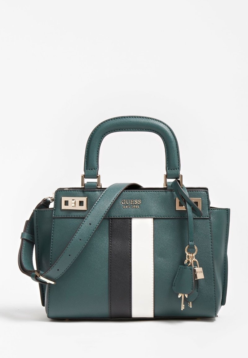 Sac à main en cuir bleu sarcelle avec deux poignées et une bandoulière amovible, présentant un design à rayures noires et blanches et des accents métalliques dorés.