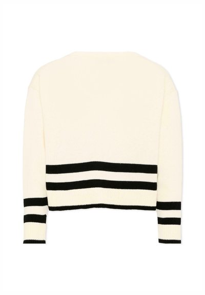 Crèmekleurige gebreide trui met zwarte horizontale strepen near zoom en manchet, plat weergegeven met de achterkant naar boven.