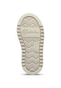 Suola di scarpa in gomma bianca con motivo di battistrada a zigzag, nome del marchio "Naturino" in rilievo e dettaglio circolare etichettato "24". Texture liscia.