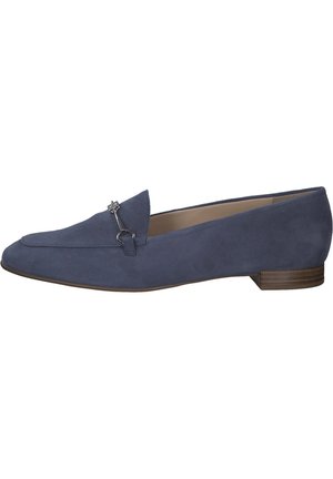 Blue suede loafers with a flat heel, featuring a decorative hardware accent and a smooth, textured surface. Classic, tapered shape.