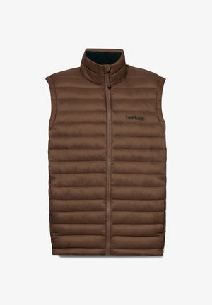 Braune gepolsterte Weste mit hohem Kragen, gesteppter Textur, durchgehendem Reißverschluss und Timberland-Logo auf der linken Seite. Keine Ärmel oder sichtbar Taschen.