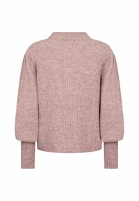 Rosa gerippter Pullover mit hohem Kragen, langen Ärmeln und relaxed Fit. Weicher Stoff mit subtilenVariationen im Strickmuster.