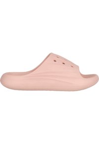 Lyserød gummi slide sandal med rund tå, åben front og ventilationshuller på overdelen. Har en tekstureret sål for godt greb.
