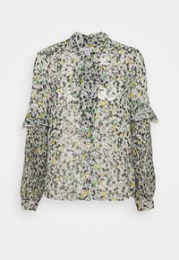 Transparent blus med ett blommönster i grönt, gult och svart, med krage och volangärmar, visad mot en vit bakgrund.