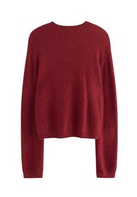 Rød, kort sweater i et blødt, tekstureret strik. Har lange ærmer og en rund halsudskæring, og viser et afslappet fit.