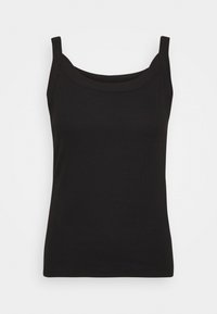 Czarny top na ramiączkach wykonany z miękkiego, elastycznego materiału. Posiada cienkie ramiączka, zaokrąglony dekolt i dopasowany krój. Bez wzorów i zdobień.