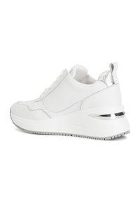White sneaker with smooth leather upper, textured accents, and a metallic heel detail. Features a thick white sole and padded collar.