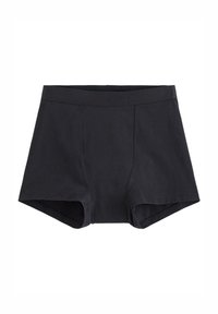 Schwarze Baumwollhose mit glatter Textur, mittelhohem Bund und enganliegender Silhouette. Verfügt über abgerundete Beinausschnitte und keine sichtbaren Nähte.