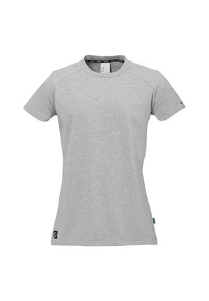 Grå kortærmet t-shirt med rund halsudskæring, syede skulderdetaljer og et lille logo-patch nederst. Fremstillet af blødt, letvægtsstof.