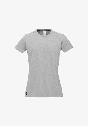 Grå kortærmet t-shirt med rund halsudskæring, syede skulderdetaljer og et lille logo-patch nederst. Fremstillet af blødt, letvægtsstof.