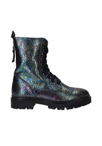 Veterschoen met holografische synthetische bovenkant, zwarte veters, textuur op het oppervlak en rubberen zool, met een ritsluiting aan de achterkant.