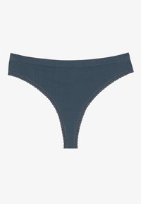 Marineblauwe stringonderbroek met golvende kanten rand, gladde textuur, elastische tailleband en een minimalistisch ontwerp voor bedekking.