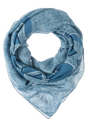 Blauwe driehoekige sjaal met ronde patronen en een grote geometrische print, gevouwen tot een lus met een lichte, halfdoorzichtige stoftextuur.