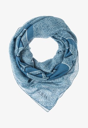 Niebieska trójkątna chusta z okrągłymi wzorami i dużym geometrycznym nadrukiem, złożona w pętlę, wykonana z lekkiego, półprzezroczystego materiału.