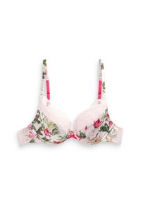 Reggiseno in pizzo floreale con dettagli rosa; presenta un tessuto con stampa floreale, bordi in pizzo, spalline regolabili e supporto con ferretto.