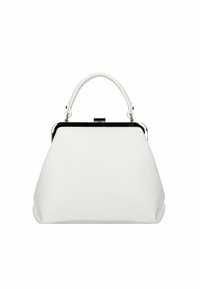 Borsa a mano in pelle bianca con un design strutturato, una parte superiore arrotondata e un manico rigido. Presenta una cornice metallica lucida con chiusura a scatto.
