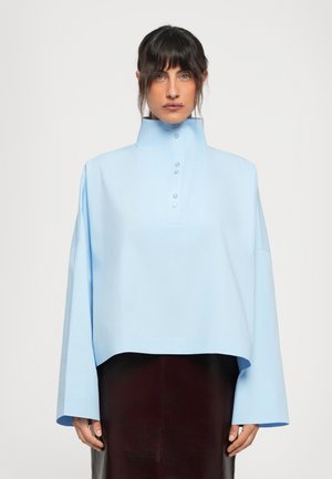 Light blue collared shirt with a high neck, long sleeves, and button detail at the front, made of smooth fabric with a relaxed fit.