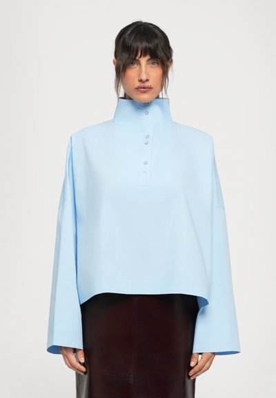 Chemise col bleu clair avec un col haut, des manches longues et un détail de bouton à l'avant, fabriquée en tissu lisse avec une coupe décontractée.