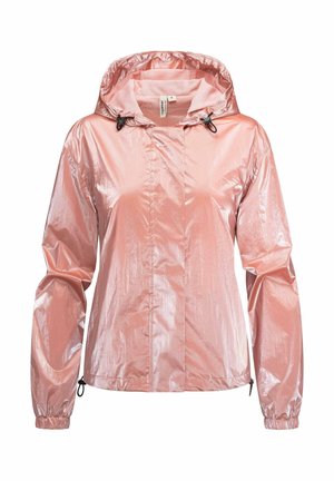 Helles rosa, winddichte Jacke mit metallischem Finish, Kapuze, elastischen Bündchen, Kordelzug in der Taille und einem Reißverschluss auf der Vorderseite. Glatte Textur.