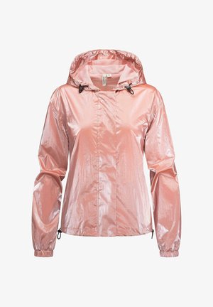 Light pink, metallic-finish windbreaker jacket with a hood, elastic cuffs, drawstring waist, and a front zip closure. Smooth texture.