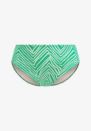 Groene zwemslip met witte zigzagstrepen, een gladde textuur en een hoge taille voor dekking en comfort.