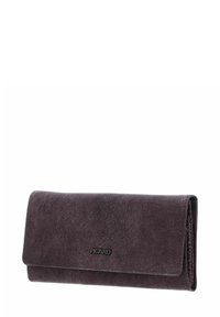 Portefeuille en daim violet à texture lisse, de forme rectangulaire, avec une fermeture à rabat magnétique ; comporte le logo embossé "PICARD" sur le devant.